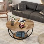 Tribesigns Table basse industrielle ronde de 80,5 cm avec 2 étagères de rangement